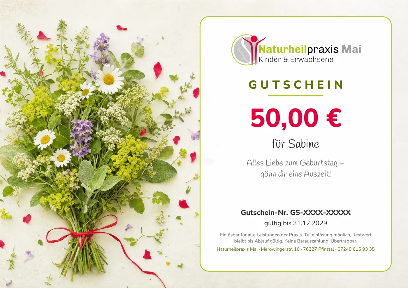 Beispiel eines Gutscheins der Naturheilpraxis Mai über 50 Euro mit Blumenmotiv und persönlicher Widmung