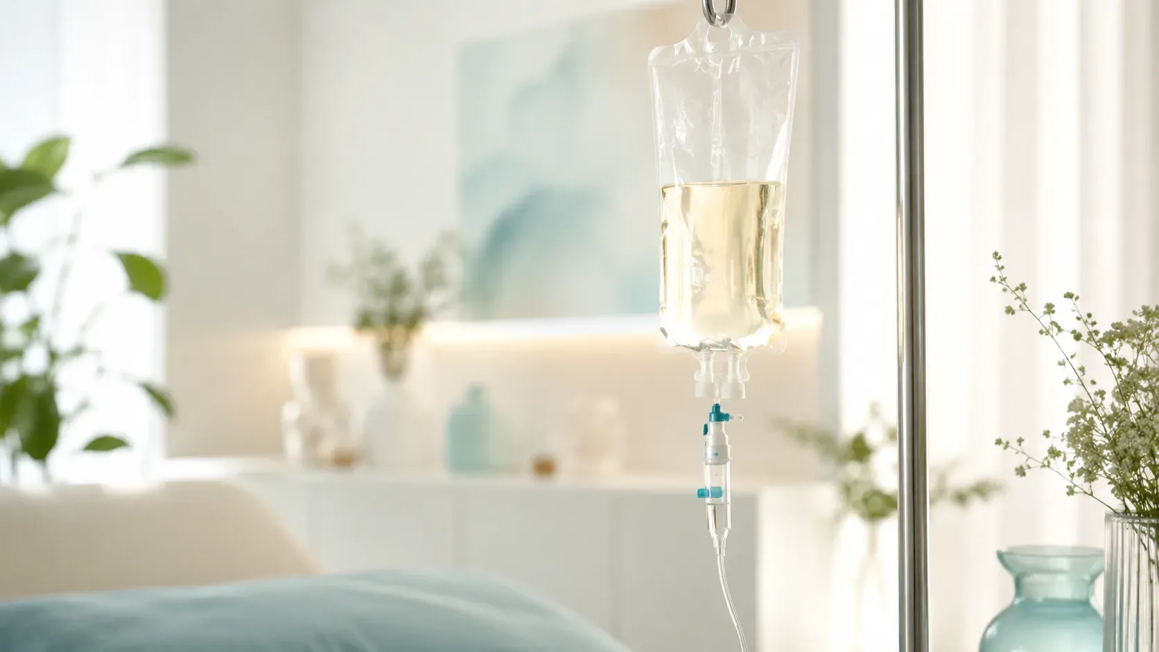 Infusion am Infusionsständer in hellem Praxisraum